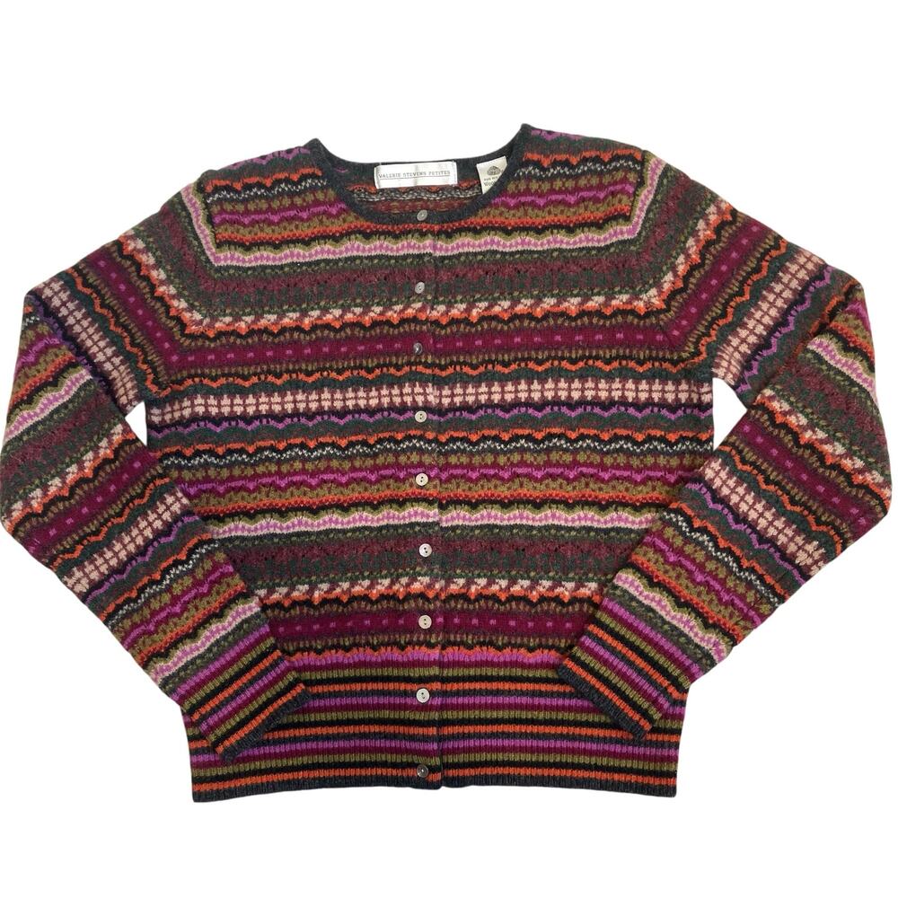Valerie Stevens Vintage Y2K 100% Wool Cardigan Fitted Pointelle Knit Fair Isle
